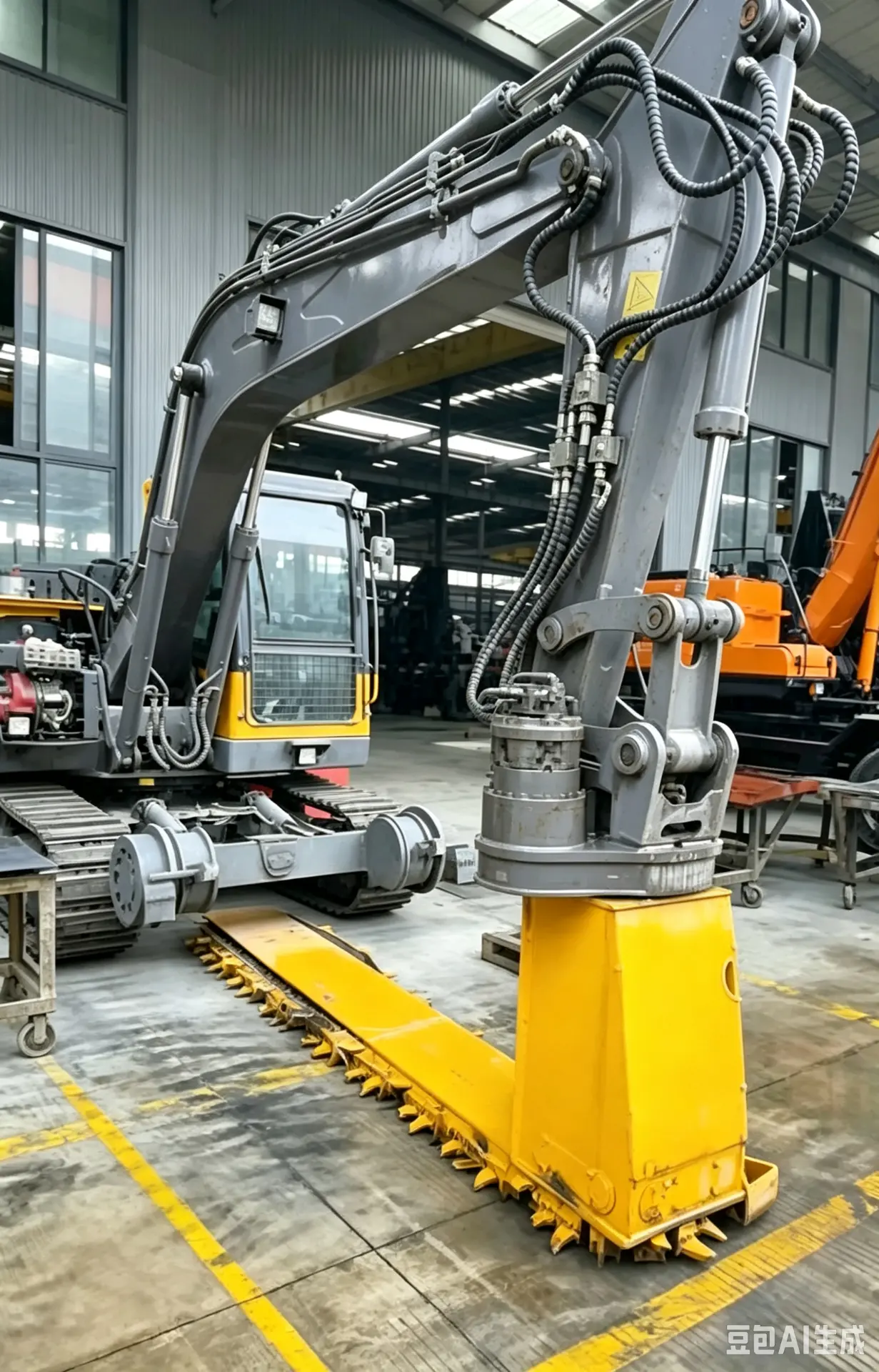 Excavator with a specialized railway attachment in a workshop