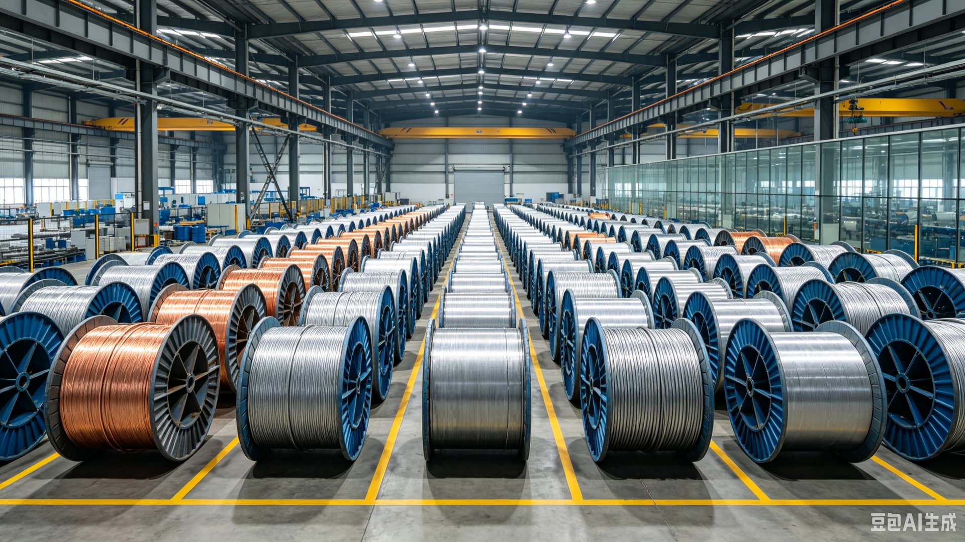 Manufacturing facility with multiple large cable and conductor reels prepared for railway supply