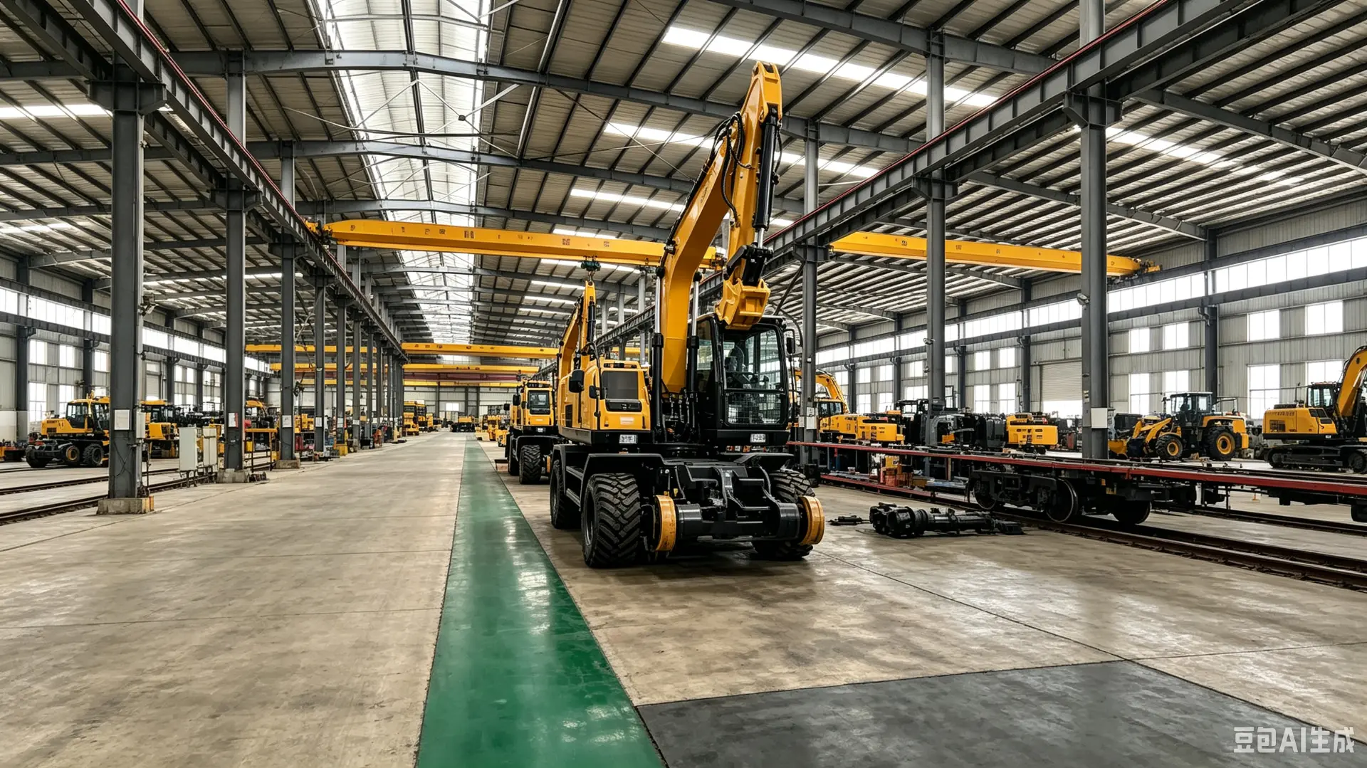 Manufacturing hall with rail-road excavators and railway machinery under assembly