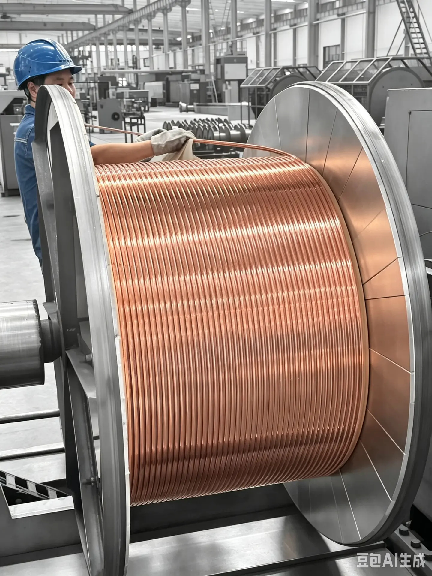 Worker guiding copper conductor onto a large reel inside a cable manufacturing plant
