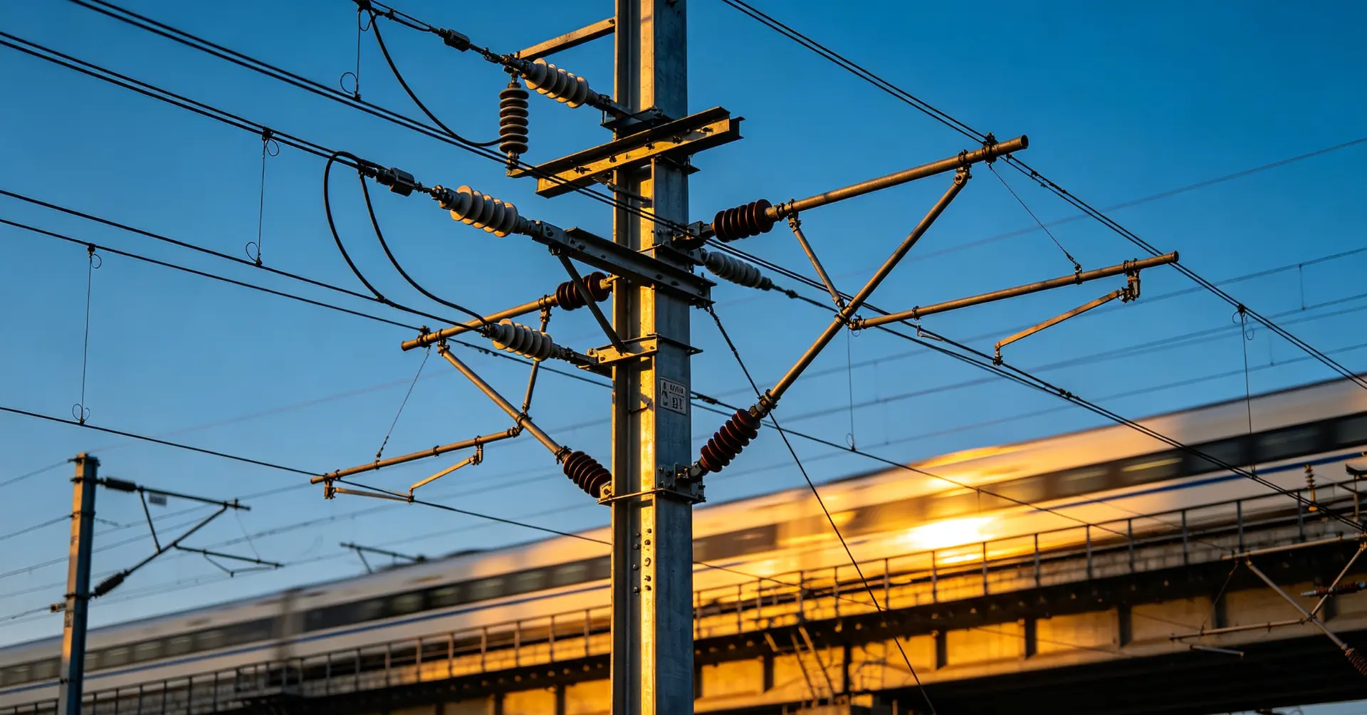Railway overhead contact system mast with cantilever assemblies and insulators, a high-speed train passing in the background