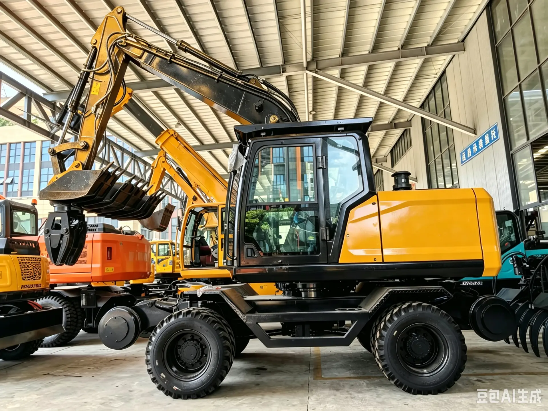 Road-rail excavator on wheels prepared for railway operation