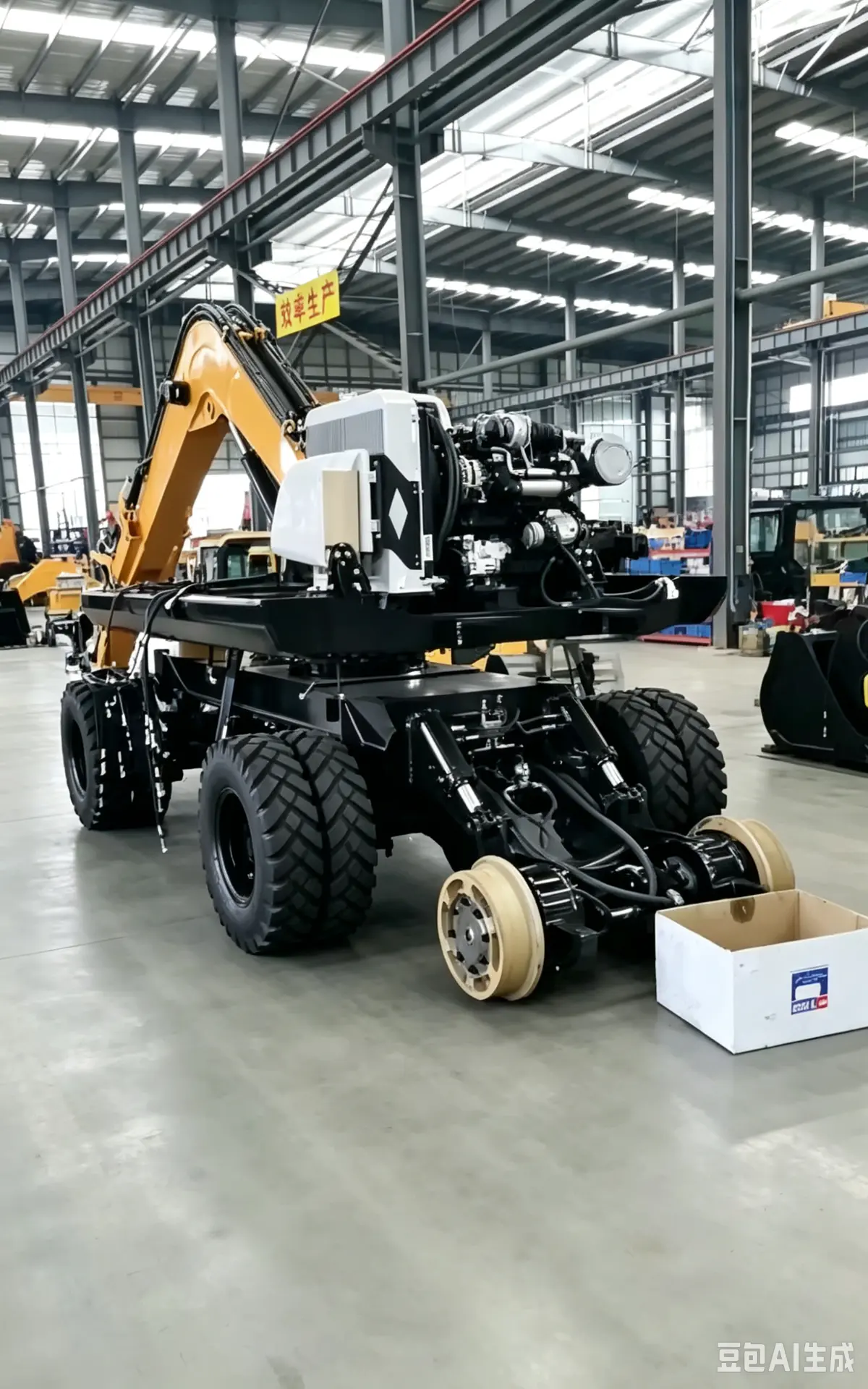 Road-rail excavator with rail wheels and railway attachment in a manufacturing hall