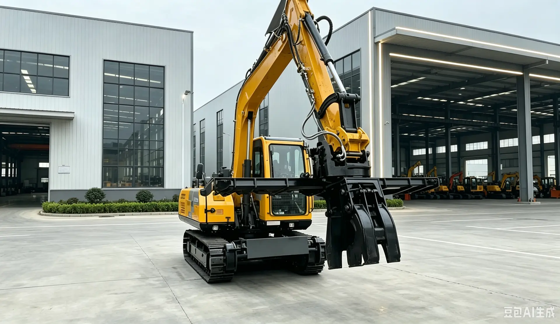 Excavator equipped with a specialized working attachment outside a factory building