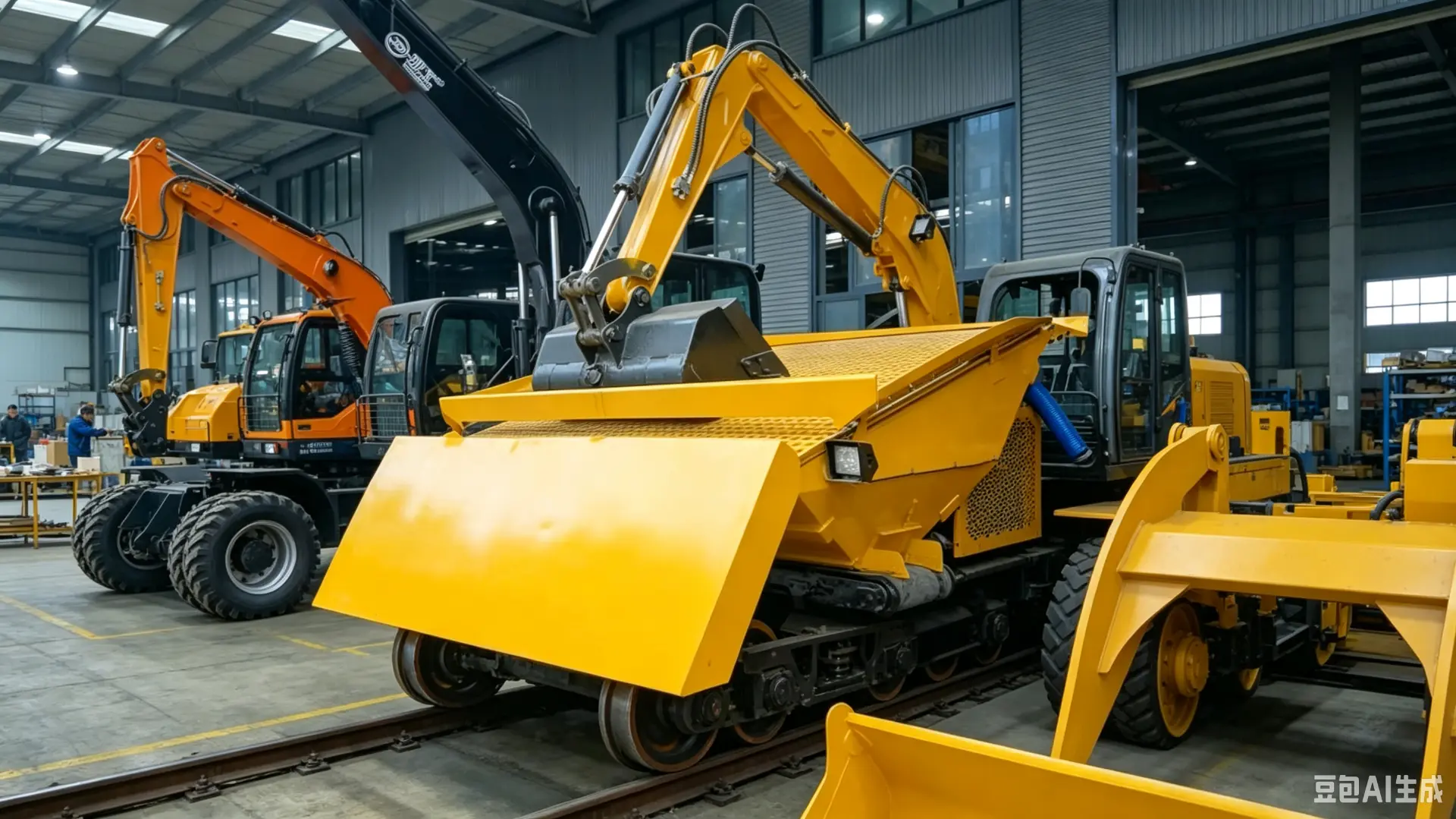 Rail-mounted maintenance machine with working attachments on track