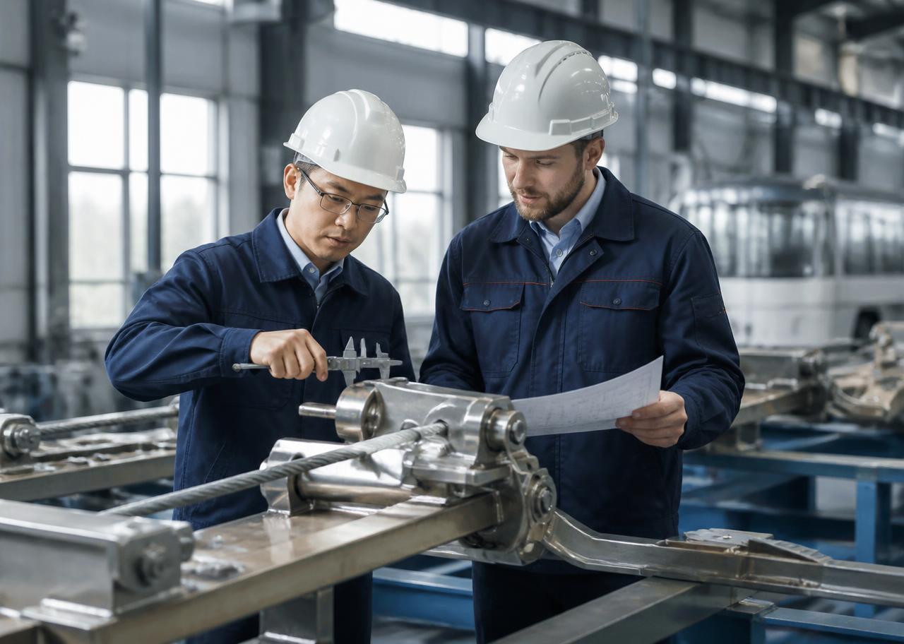 Engineers inspecting a railway component in a manufacturing facility