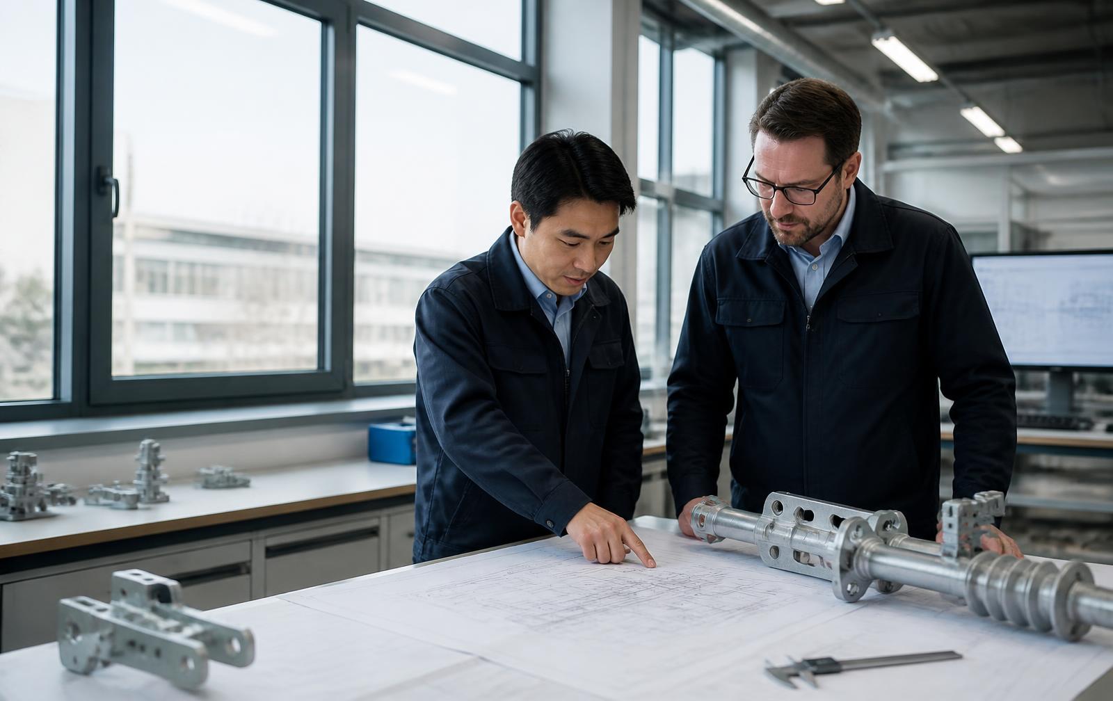 Engineers reviewing railway component drawings and technical hardware