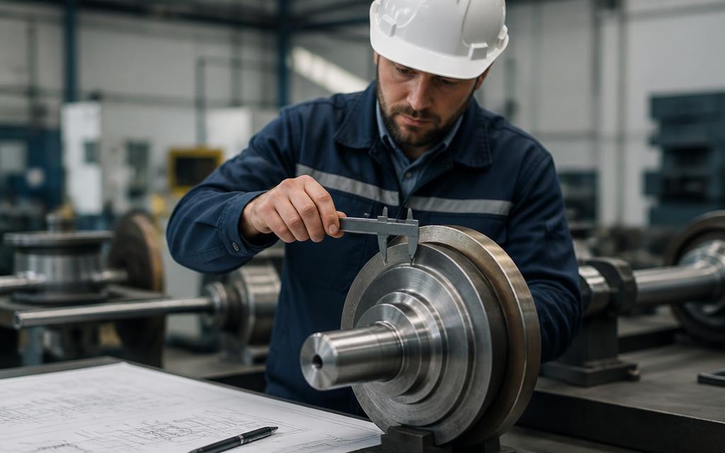 Quality engineer performing dimensional inspection on a railway component