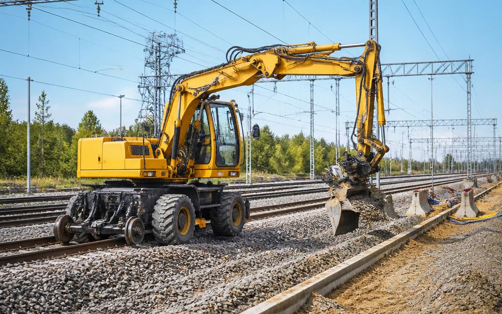 Specialized rail-road excavator working beside electrified railway tracks