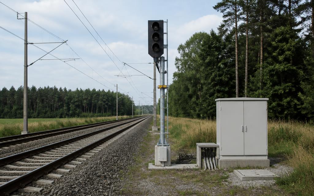Railway signal mast, electrical cabinet and trackside cable infrastructure