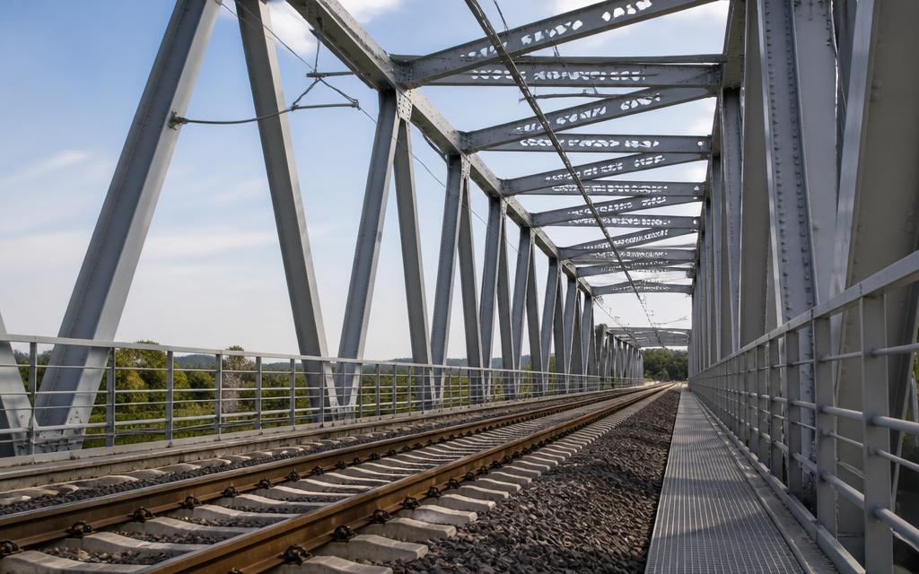 Steel railway bridge with trusses, electrified tracks and maintenance walkway
