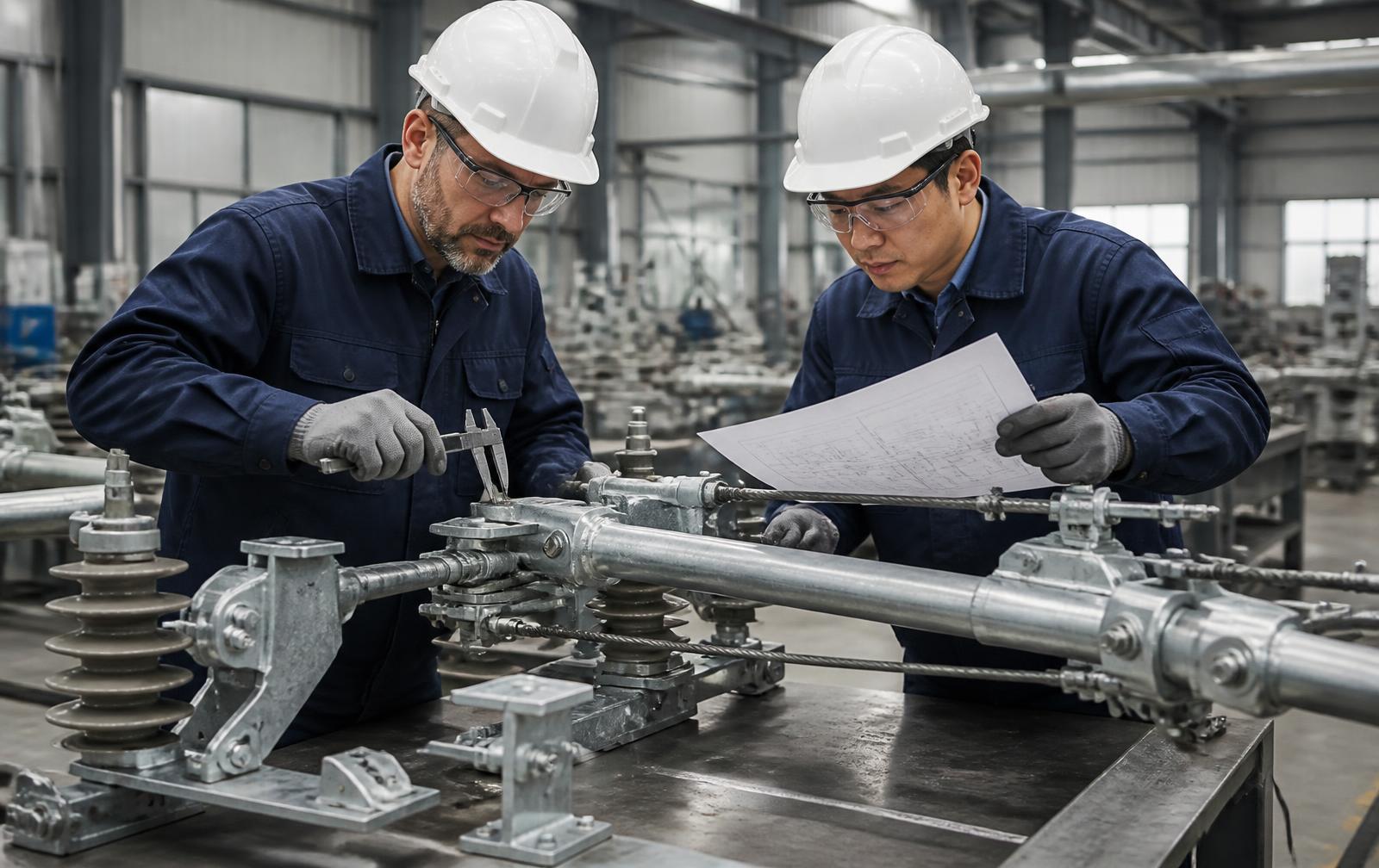 Engineers inspecting an overhead contact system assembly at a manufacturing partner facility
