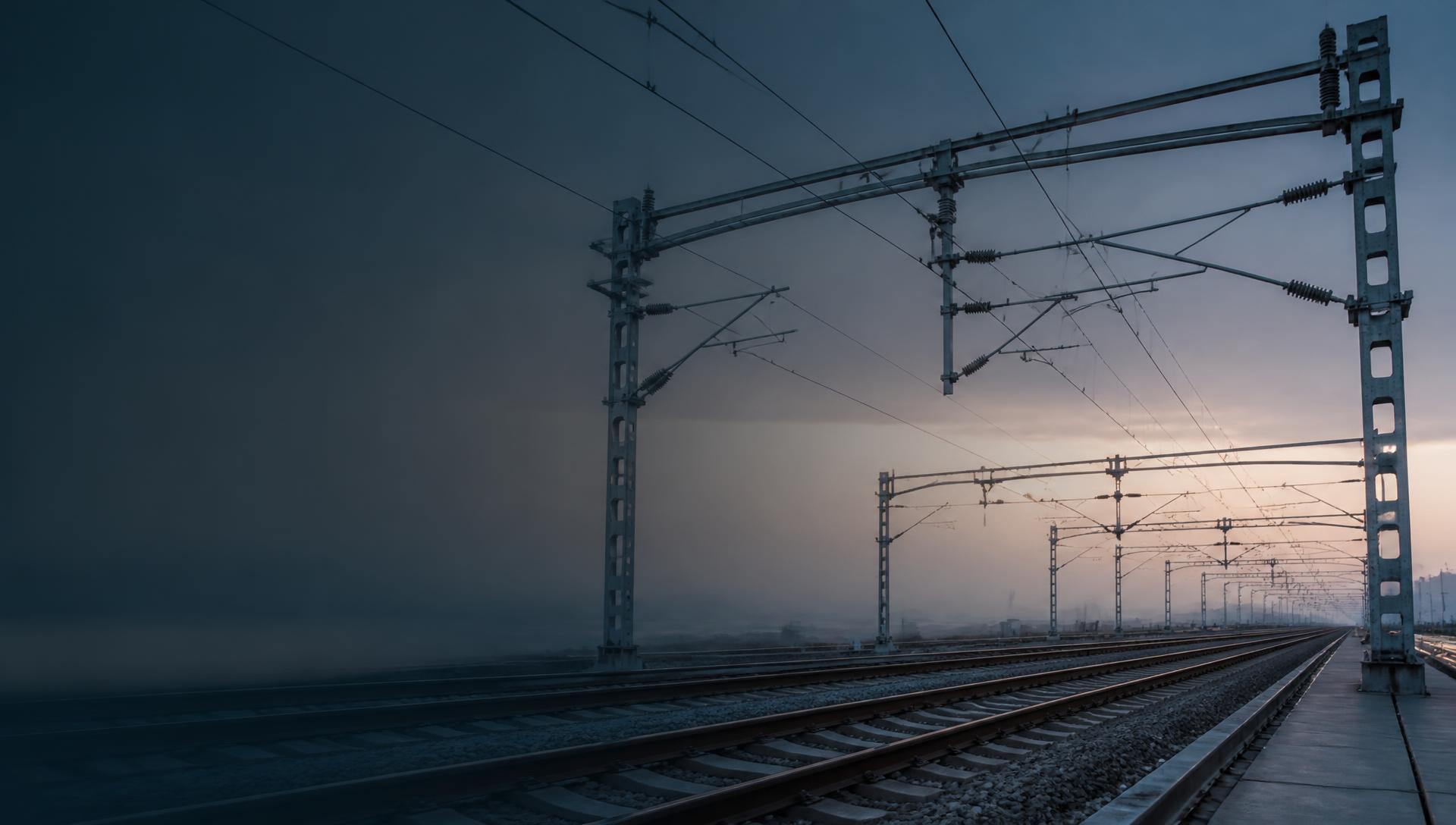 Electrified railway corridor extending toward the horizon