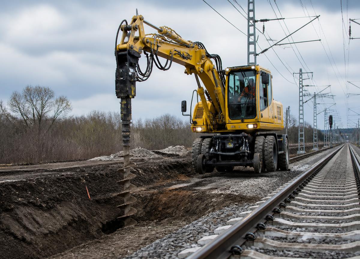 Specialized drilling equipment beside an electrified railway