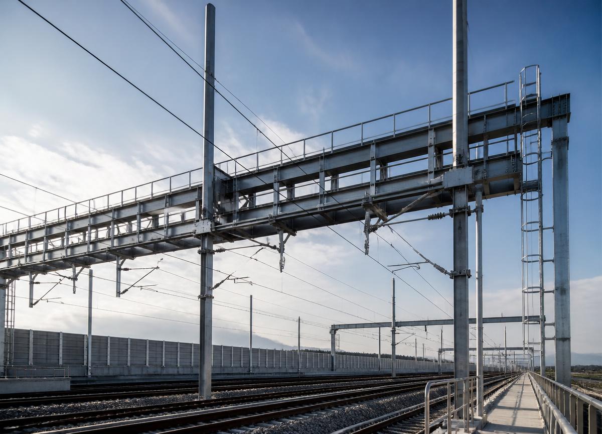 Steel railway gantry and maintenance walkway